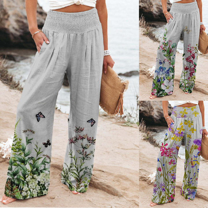 Dame bred Floral-bukser med elastisk linning og sidelommer Stilla