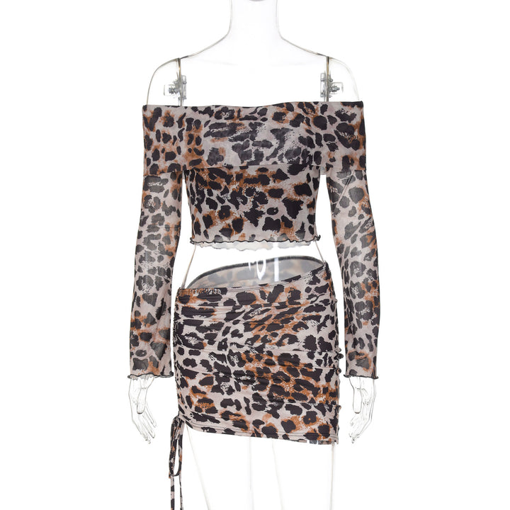 Dame Off-Shoulder Crop-Top og Minirok Set med spændende Dyretryk Stilla