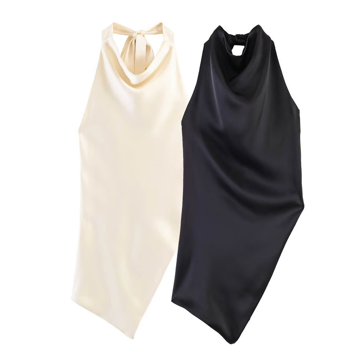 Dame elegant halterneck top med unik asymmetrisk skæring og dekorativ knude Skovae