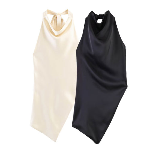 Dame elegant halterneck top med unik asymmetrisk skæring og dekorativ knude Skovae