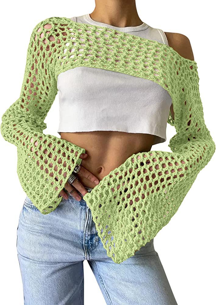 Dame hæklede langærmet top med off-shoulder design Skovae