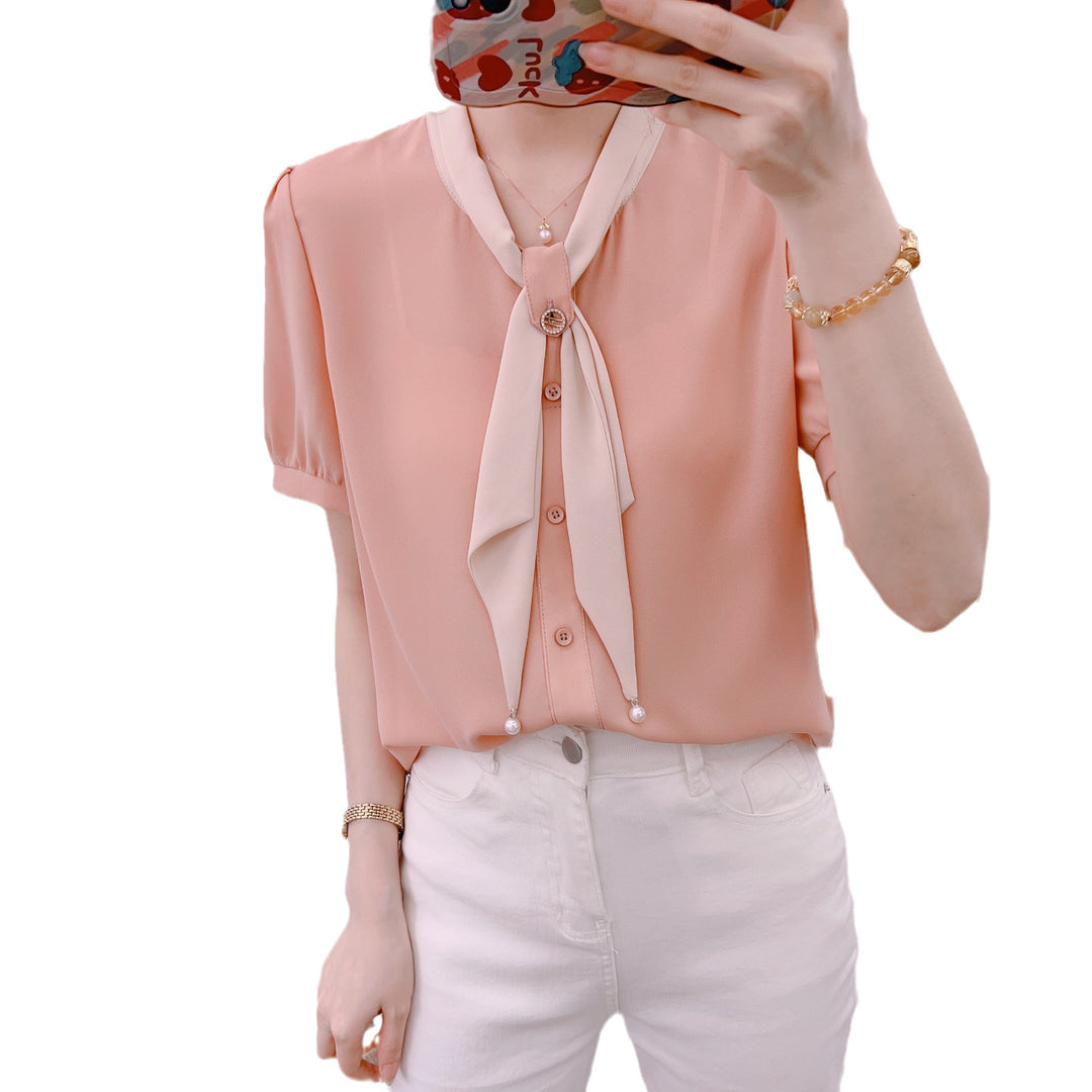 Dame Elegant Bluse med Sløjfe Krave og Perle Detaljer Stilla