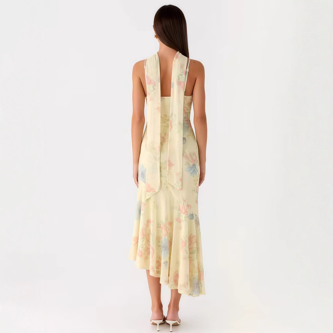 Ladies Elegant Maxi Dress with Floral Chiffon Design and Halter Neck Cut