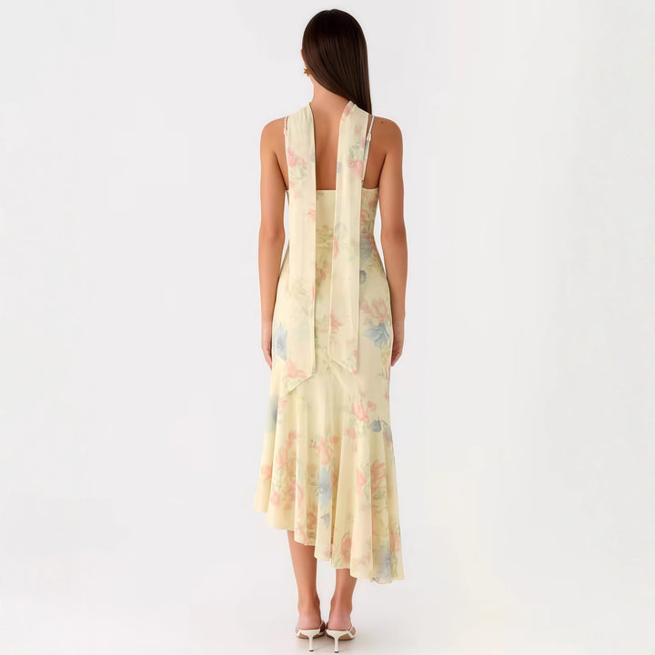 Ladies Elegant Maxi Dress with Floral Chiffon Design and Halter Neck Cut