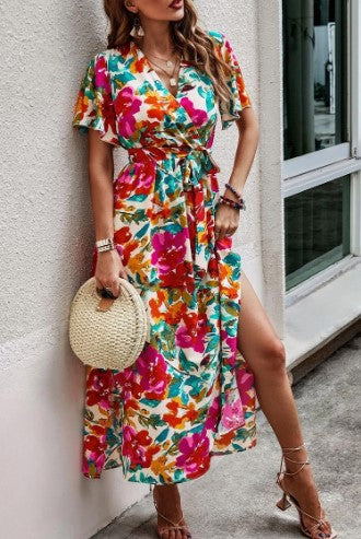 Dame Blomsterprint V-hals Maxi Kjole Stilla