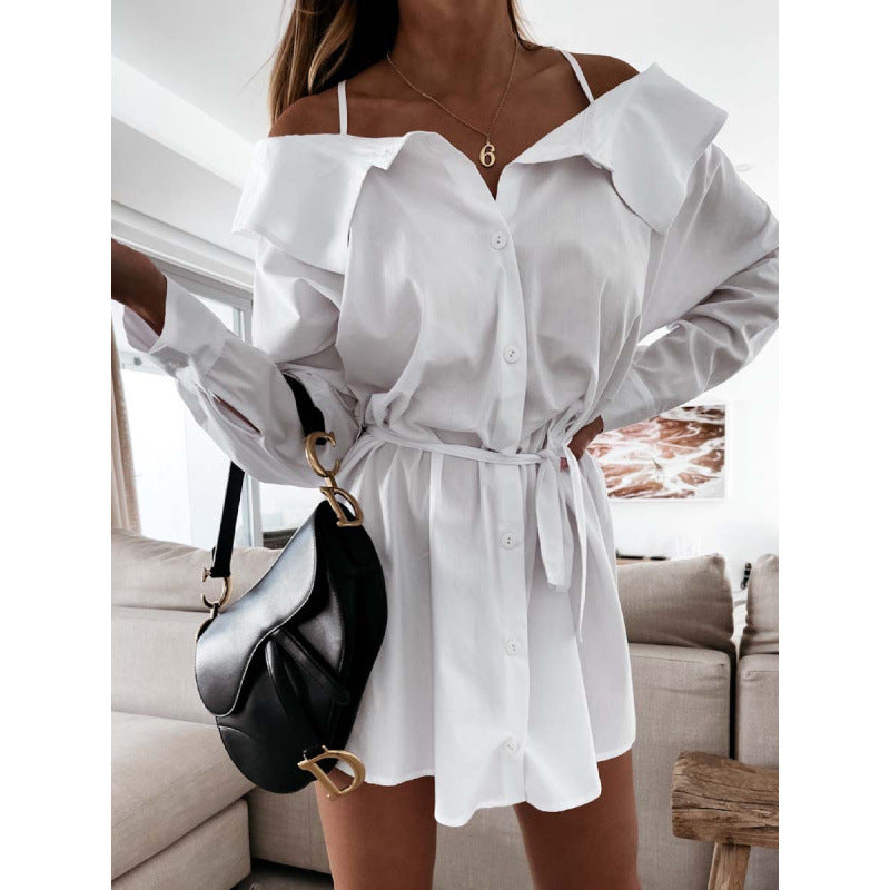 Dame Off-Shoulder Knaplukning Kjole med Selvbundet Bælte Stilla