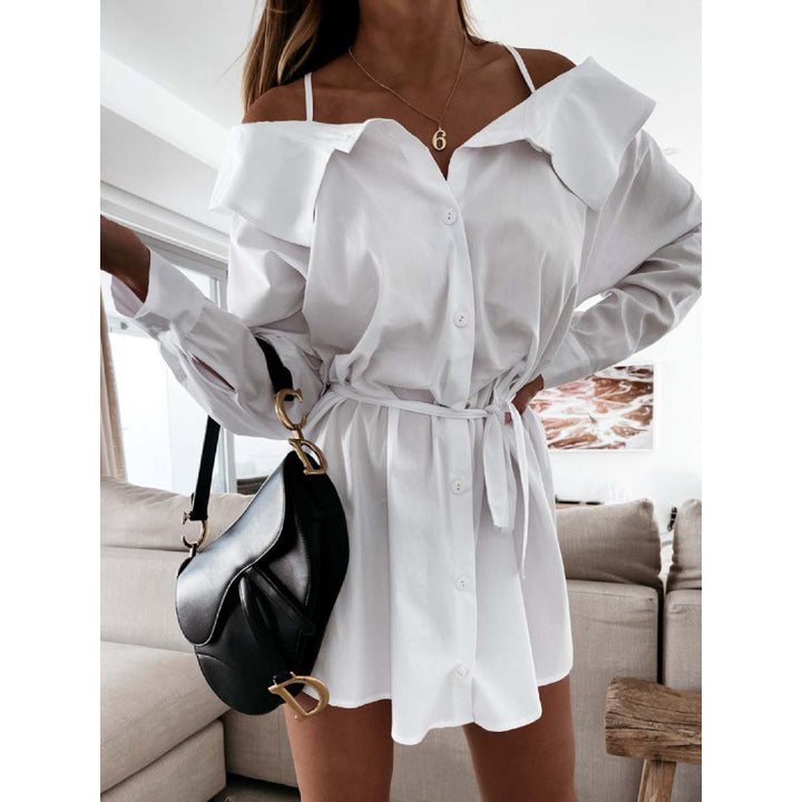 Dame Off-Shoulder Knaplukning Kjole med Selvbundet Bælte Stilla