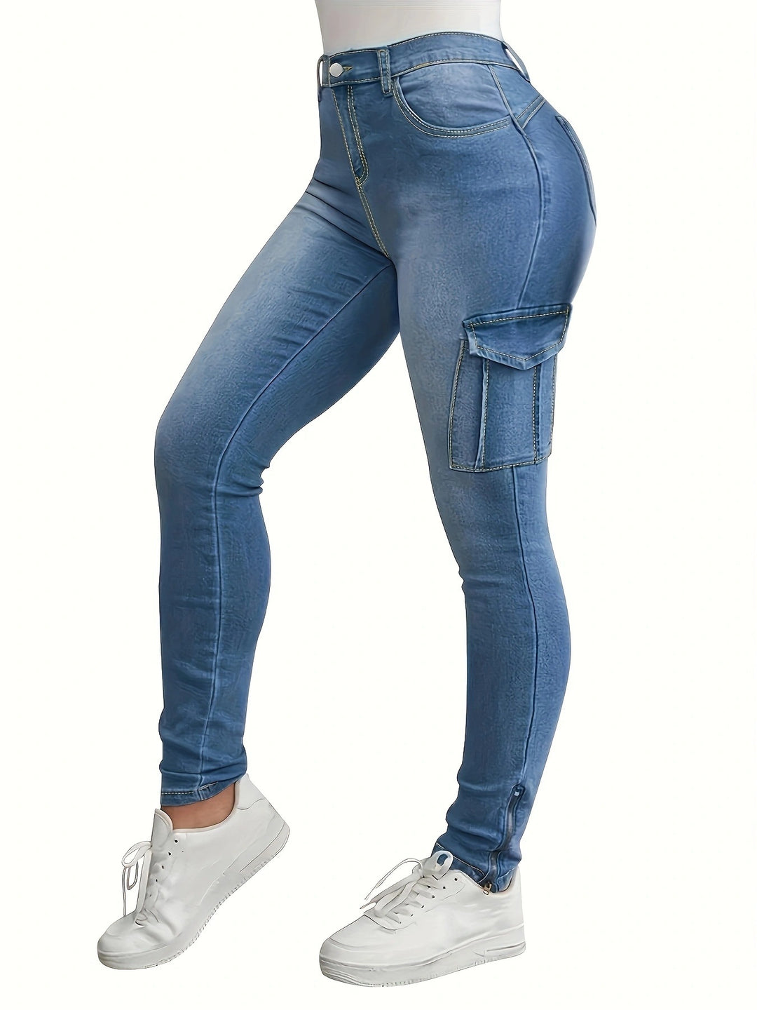 Dame Cargo Skinny Jeans med fashionable sidelommer og høj talje Stilla