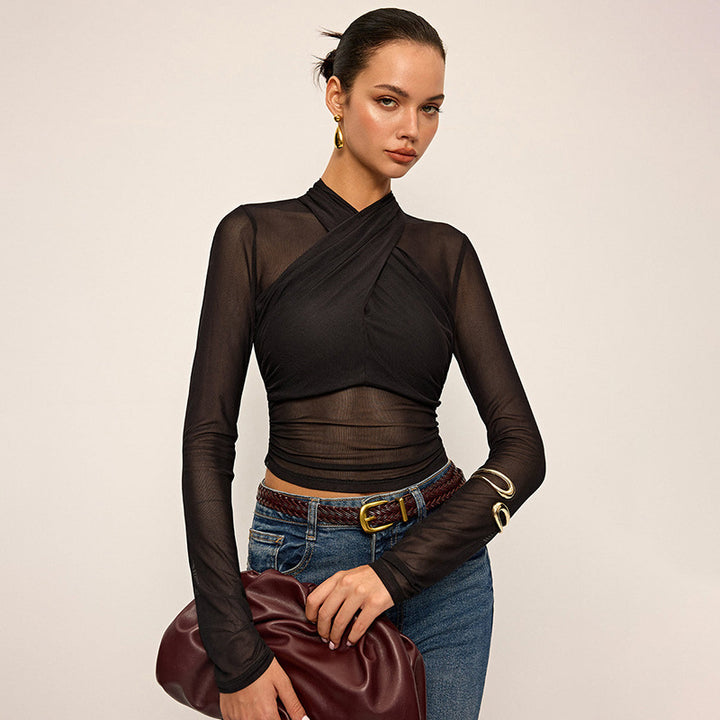 Damer Elegant wrapper top med transparent stof og lange ærmer Skovae