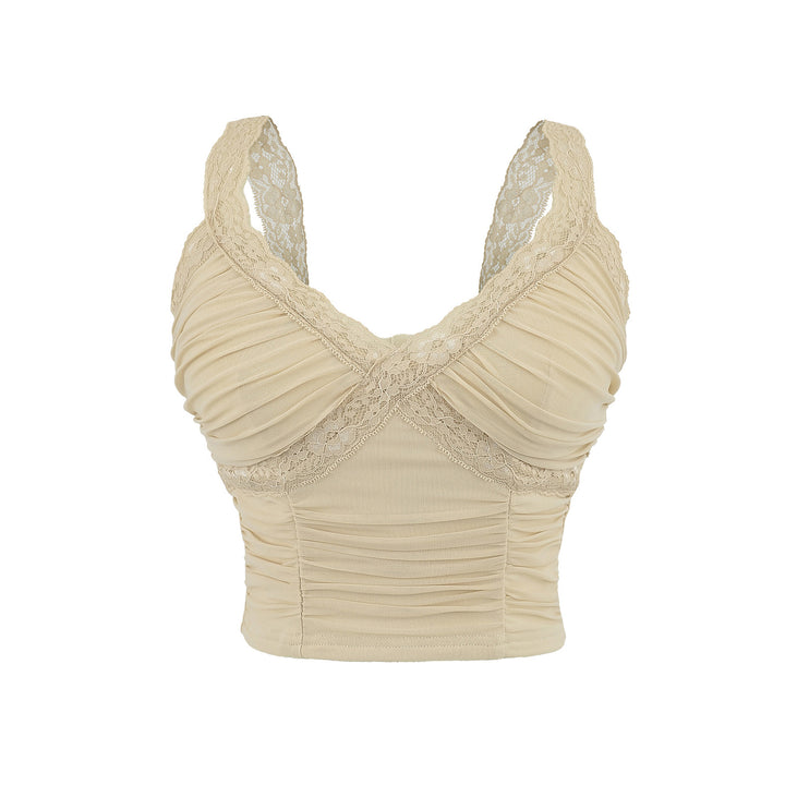 Dame Spaghetti-strop Crop Top med elegant blondekant og raffinerede flæsedetaljer Stilla