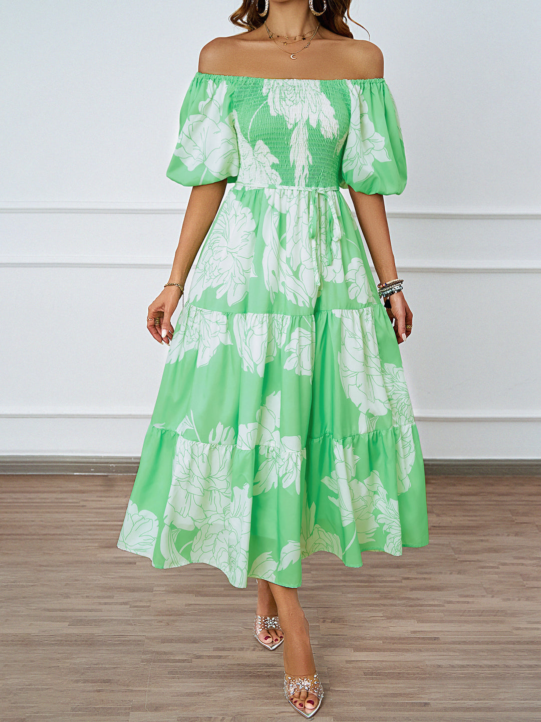Kvinder Off-Shoulder Maxi Kjole med Voluminøse Ærmer og Print Stilla