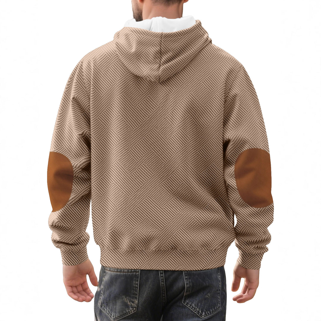 Herrer nan struktureret hætte-Henley-pullover med jacquardstruktur, knapstolpe og albuepatches Skovae