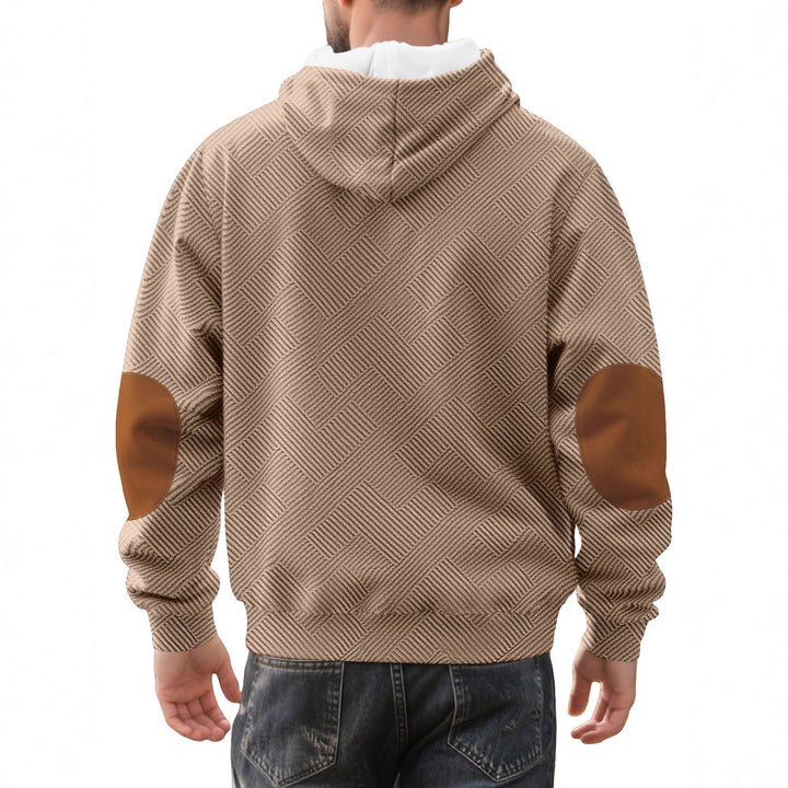 Herrer nan struktureret hætte-Henley-pullover med jacquardstruktur, knapstolpe og albuepatches Skovae