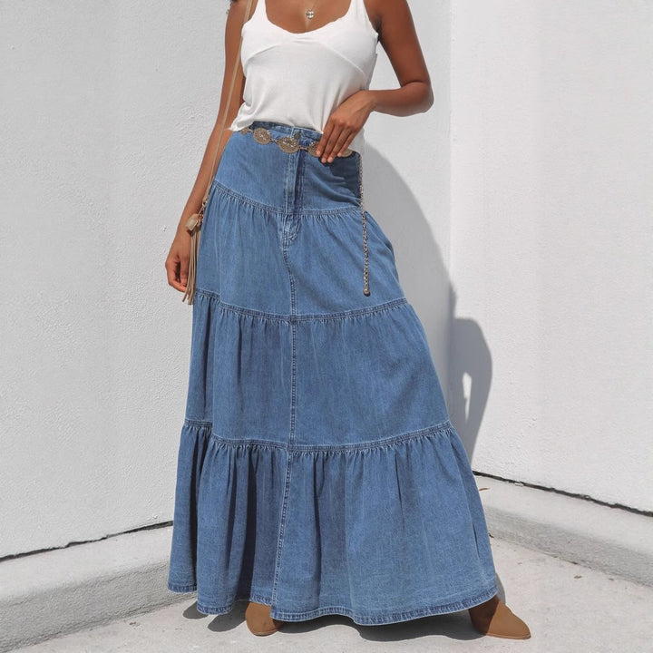 Dame Denim Maxikjole i Boho-stil med volumniøst skørt og flæser Stilla