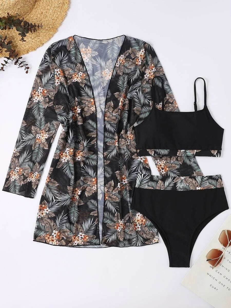 Dame bikini-sæt med højskåret trusse og floral kimono Skovae