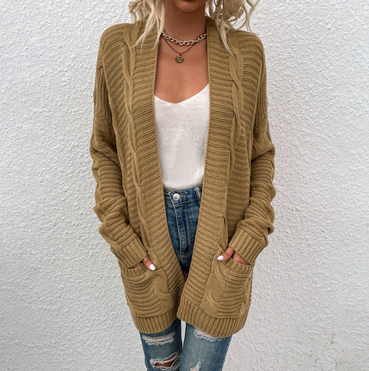 Kvinders chunky strikket cardigan med lommer og åbent frontdesign Stilla