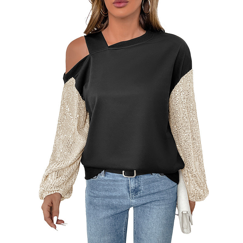Kvinders Off-Shoulder Sweater med Glamrende Paillet Ærmer Stilla