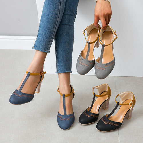 Dame elegante retro-pumps med t-strop og blokhæle Stilla