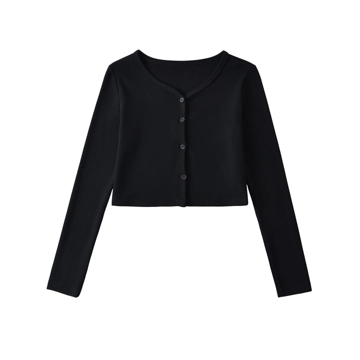 Dame Langærmet Crop-Top med elegant V-udskæring og knapbar design Stilla