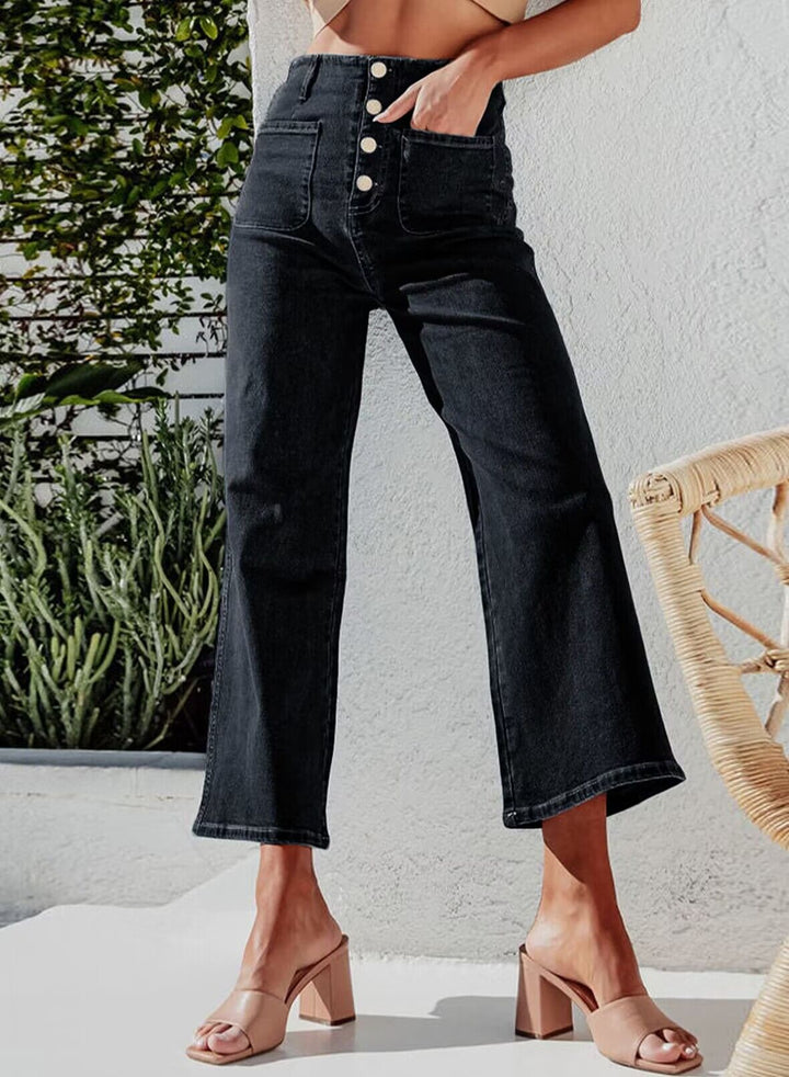 Dame Højskårne Denim-Bukser med Knaplukning og Bred Ben Stilla