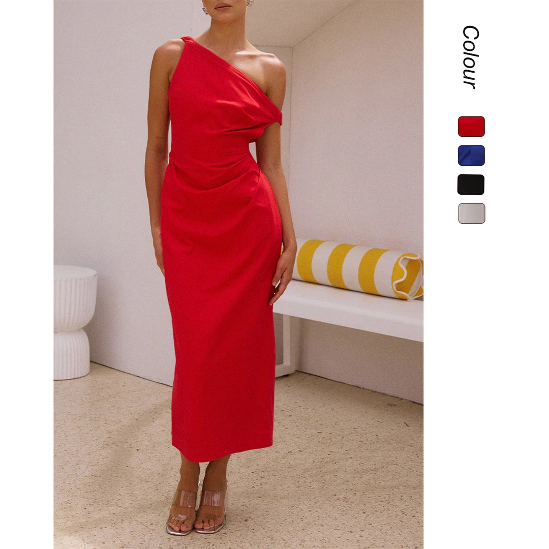 Ladies Elegant Long Sleeve Dress with Asymmetric Design and Refined Draping