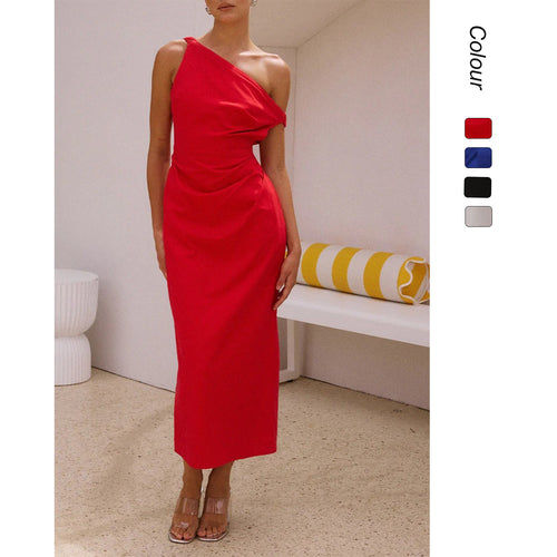 Ladies Elegant Long Sleeve Dress with Asymmetric Design and Refined Draping