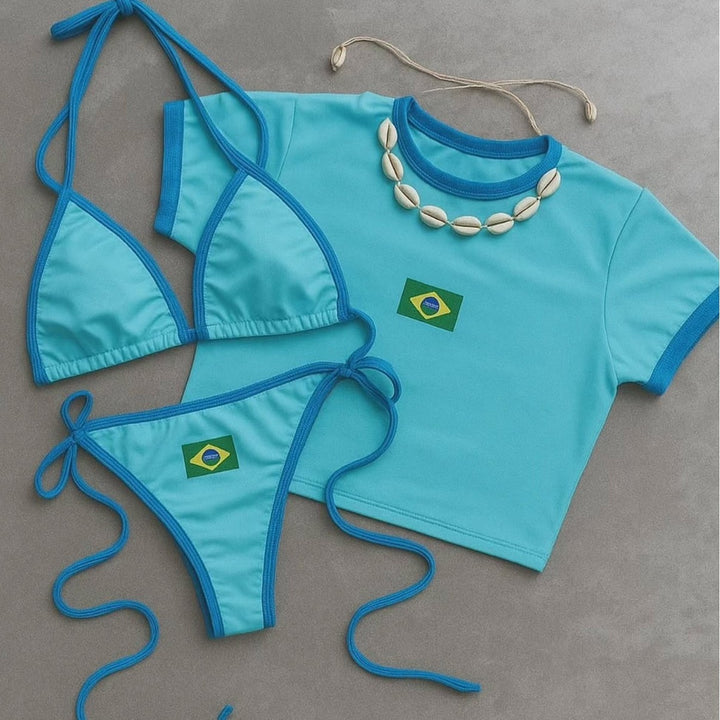 Dame bikini-sæt med sporty crop top og trendy Brasilien-flag design skovae