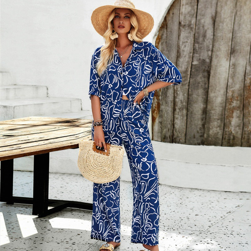 Dame Luftig Sæt bestående af cropped top med mønstret kimono og bred bukser Stilla