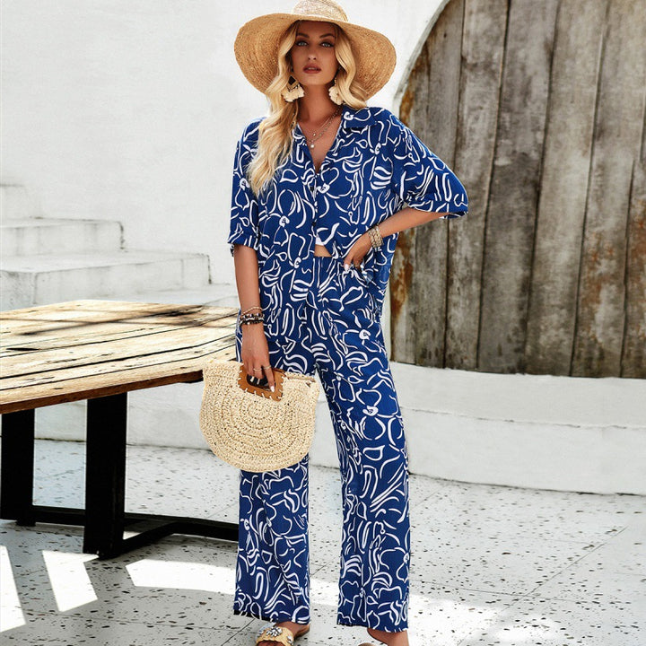 Dame Luftig Sæt bestående af cropped top med mønstret kimono og bred bukser Stilla