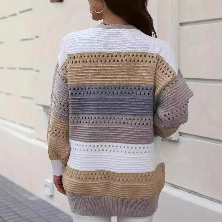 Kvinders stor strikket cardigan med unikt blonder mønster og farveblok design Stilla