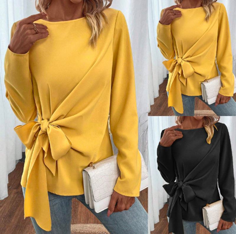 Dame elegant top med asymmetrisk knude-design og lange ærmer Stilla