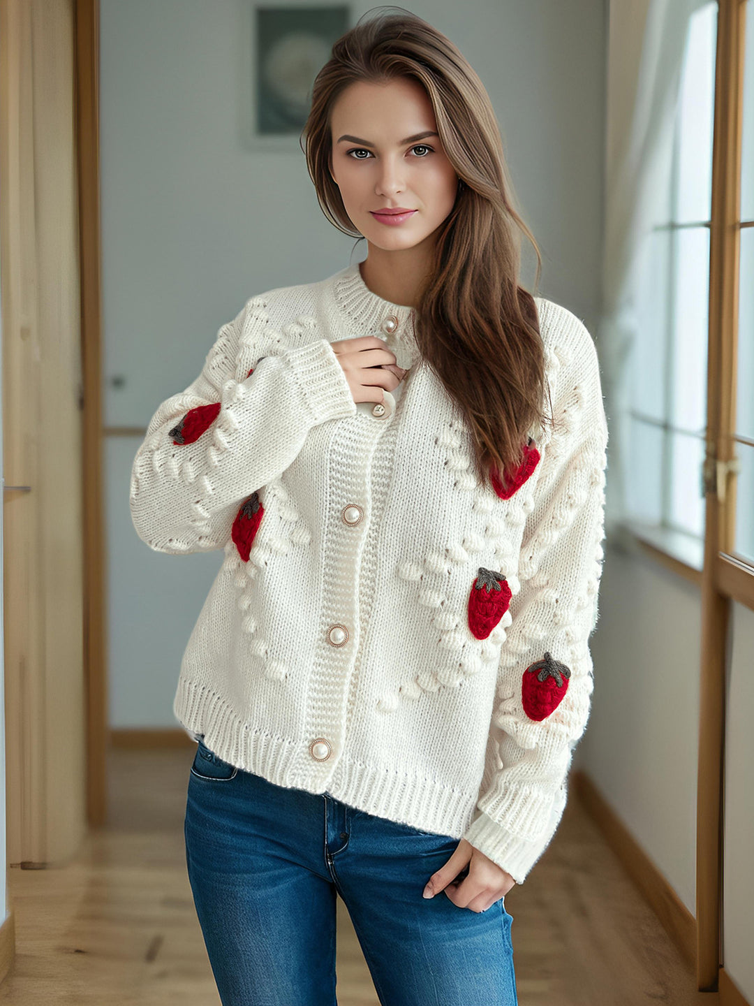 Kvindernes cardigan med leg spæde jordbær broderi og knaplukning Stilla