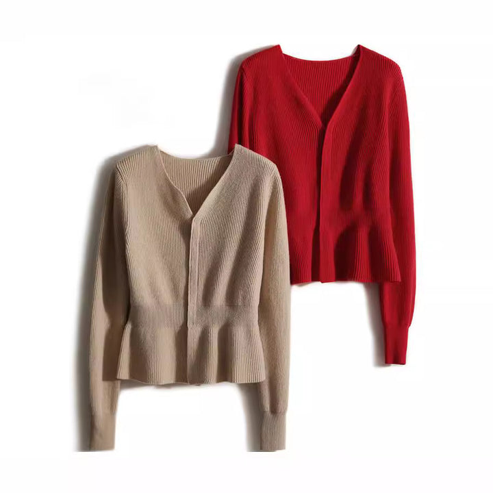 Dame elegant striktrøje med peplum skæring og V-udskæring Stilla