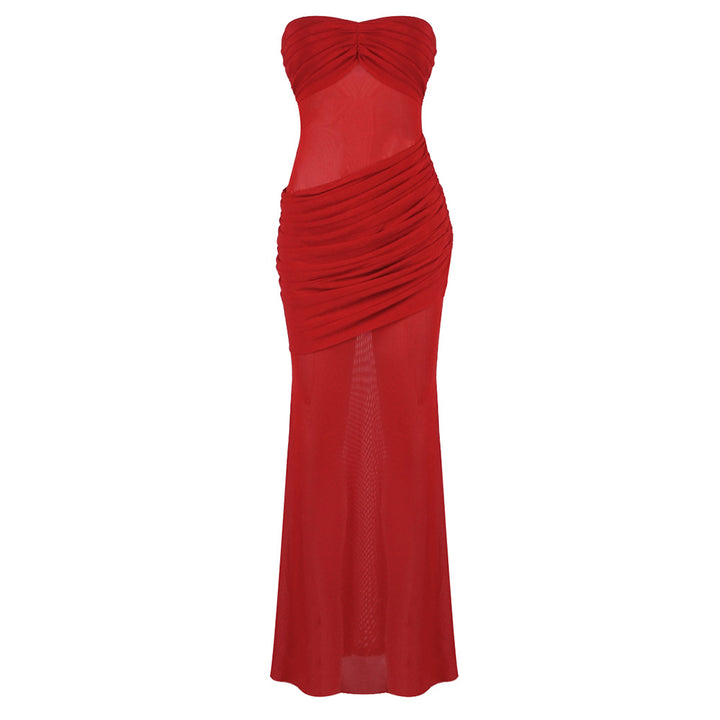 Dame Elegant strapless maxikjole med raffineret drapering og transparente indsatser Skovae