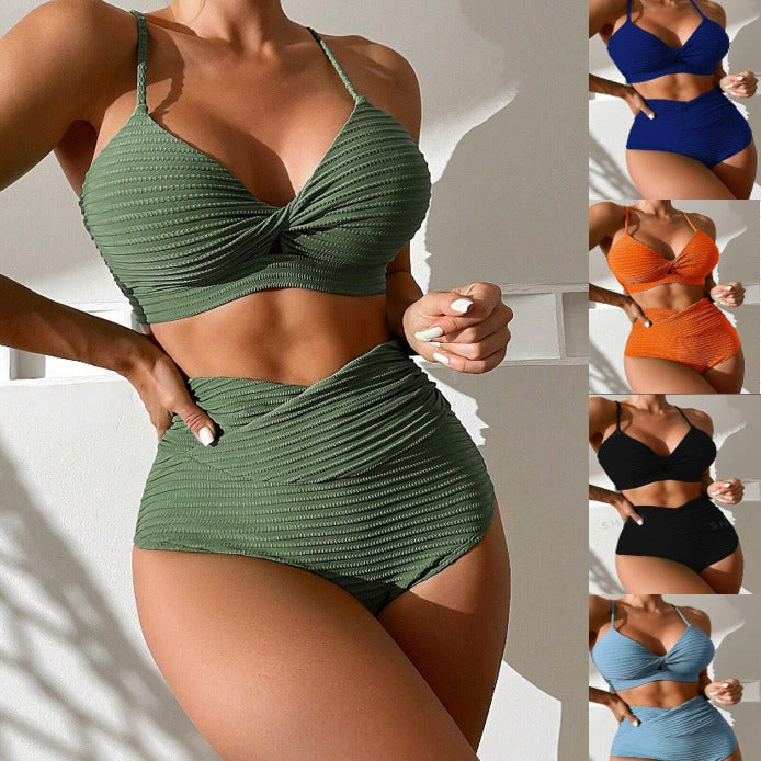 Dame høj talje bikini-sæt med struktureret top og elegant drapering Stilla