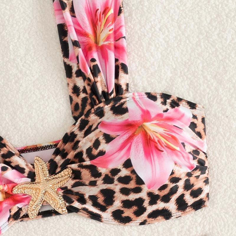 Dame bikini-set med blomsteragtigt leopardmønster og elegant knudedetalje Skovae