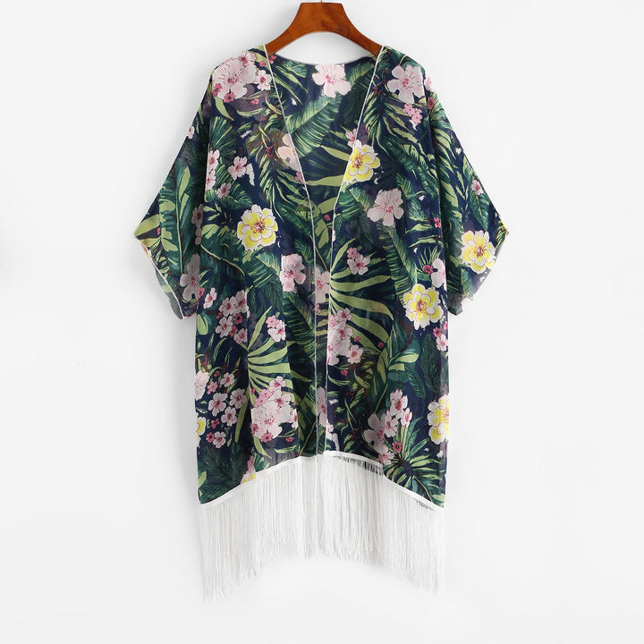 Dame kimono med blomsterdesign og frynser Skovae