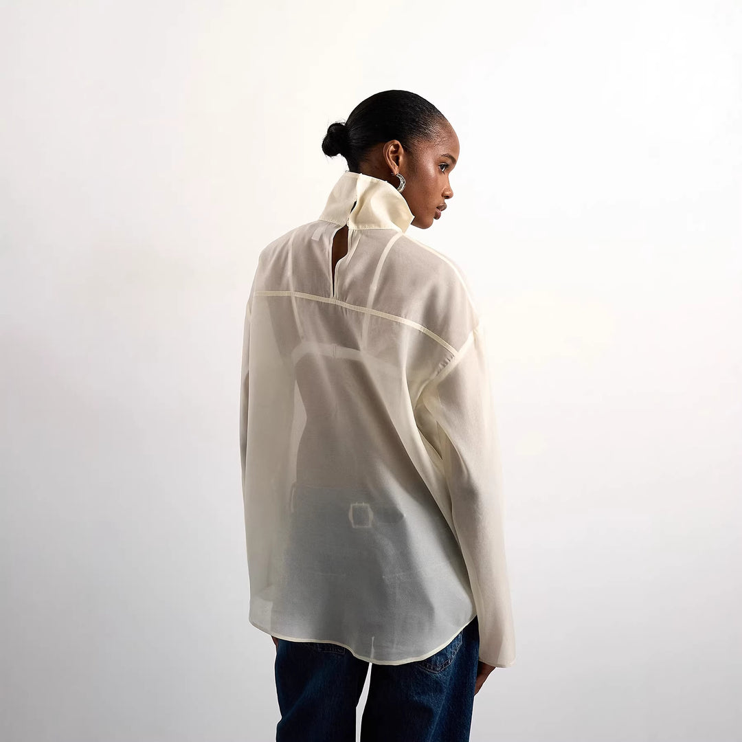Dame Elegant Bluse af gennemsigtigt stof med stående krave Skovae