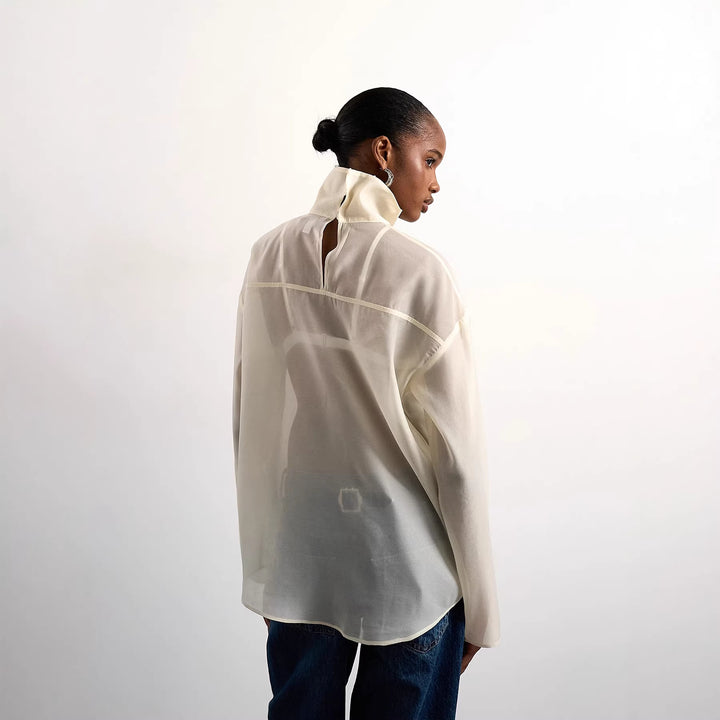 Dame Elegant Bluse af gennemsigtigt stof med stående krave Skovae