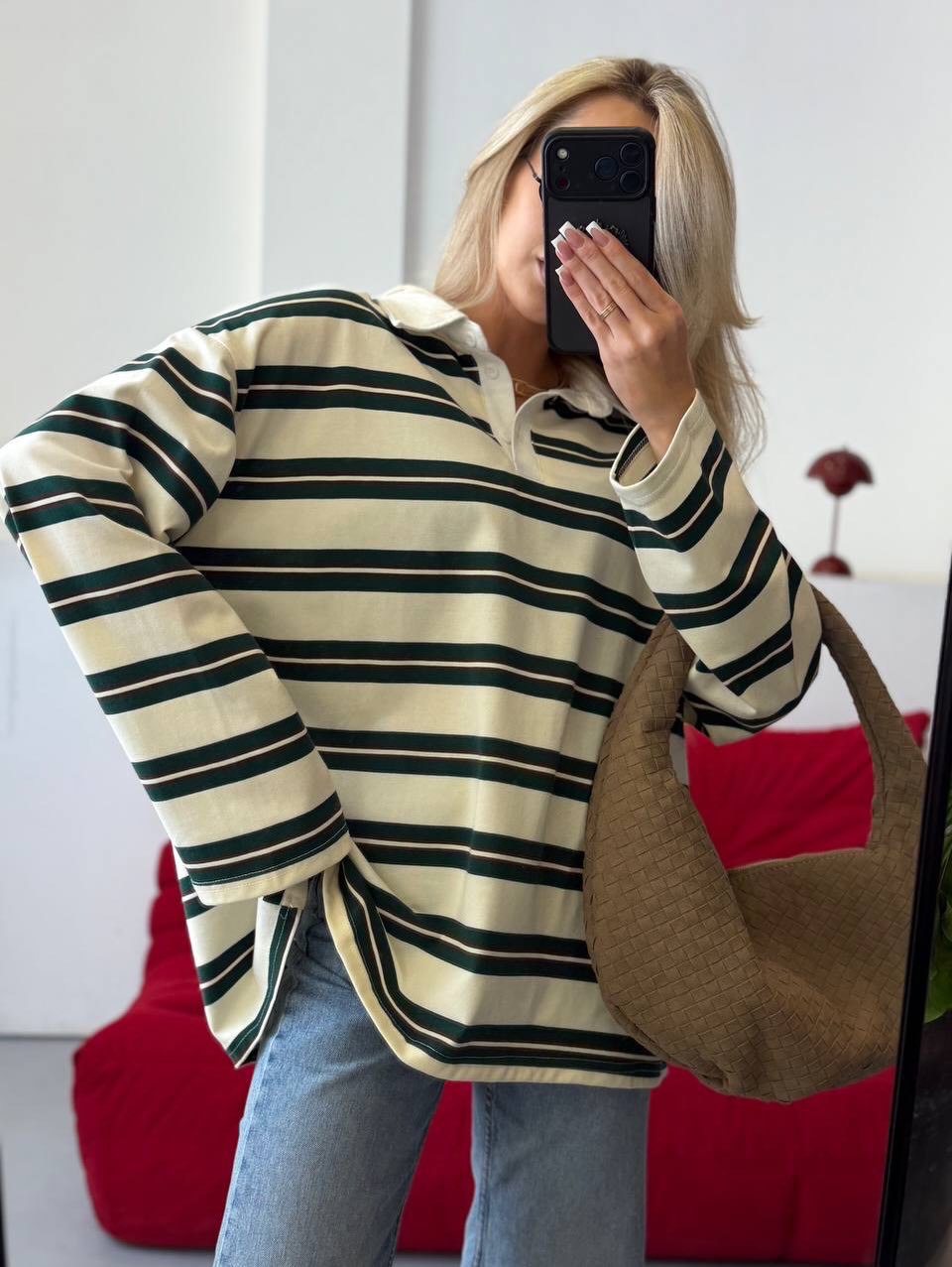 Kvinder stribet bluse sweater med klassisk krave Stilla