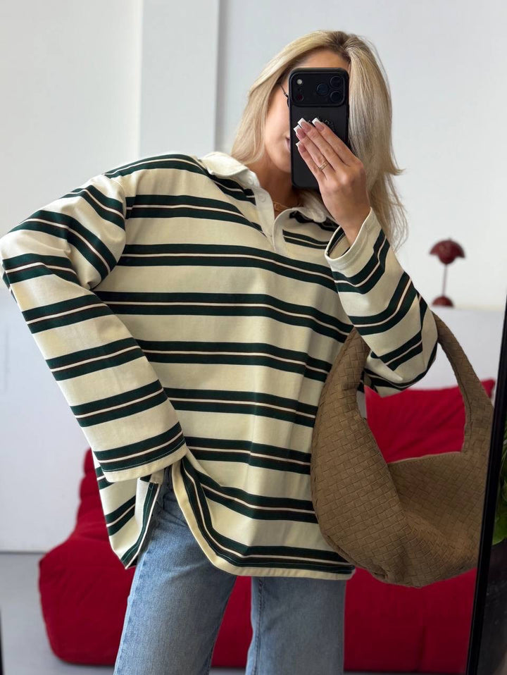 Kvinder stribet bluse sweater med klassisk krave Stilla