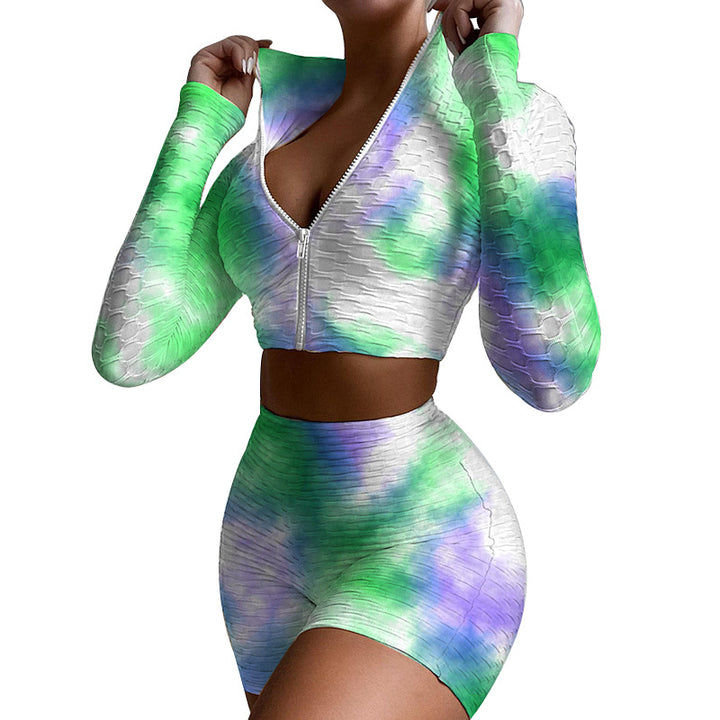 Dame Sporty Crop-Top og Shorts Sæt med Lynlås og Innovativ Tie-Dye-Mønster Stilla