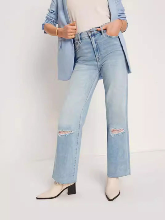 Dame Højtaljede Denim-Jeans med afslappede revnedetaljer og bredt skåret ben Stilla