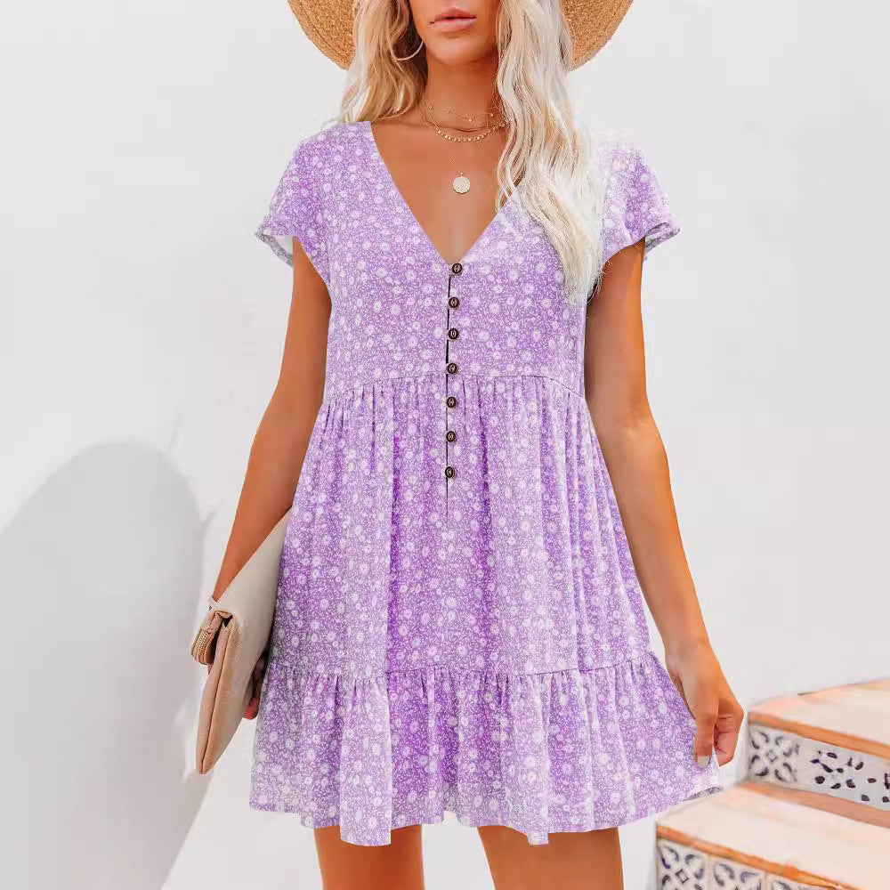 Dame blomsterprint knap-ned mini kjole Stilla