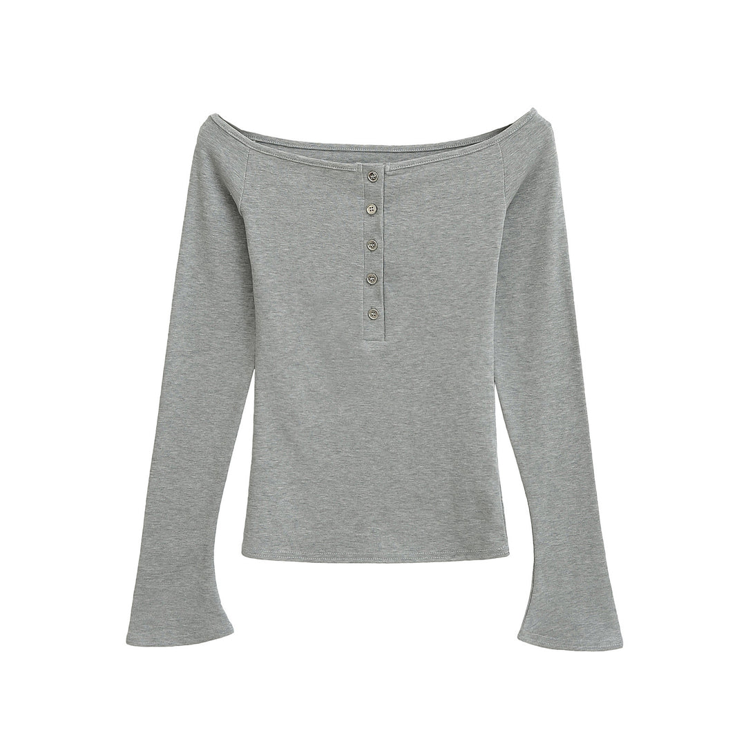 Dame Off-Shoulder Langærmet T-shirt med elegant knapliste og fint ribmateriale Stilla