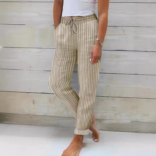Dame fritidshose med trendy stribet mønster og elastisk talje Stilla
