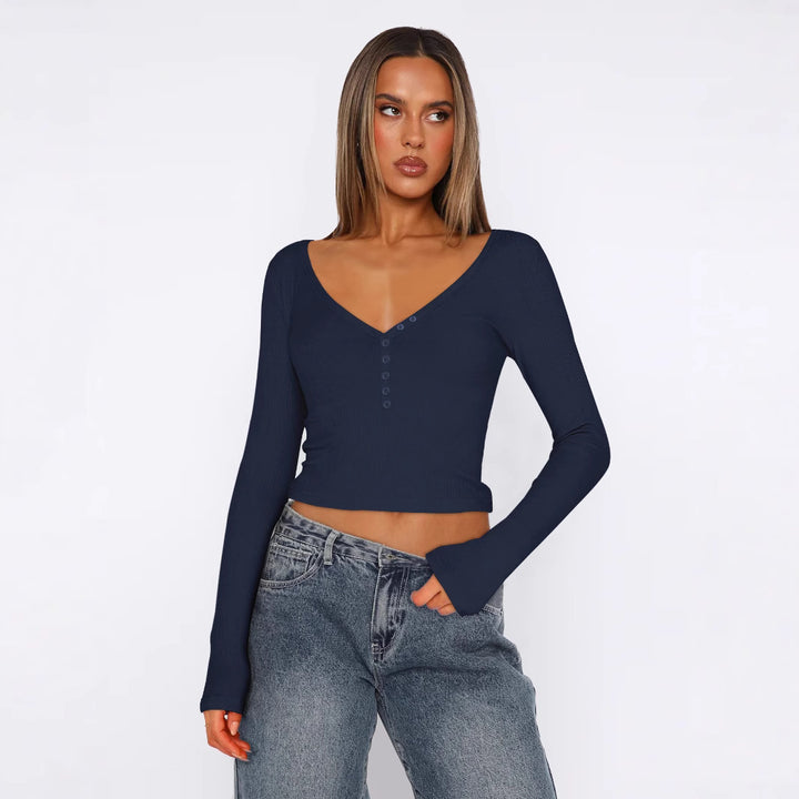 Dame Langærmet Crop-Top med V-udskæring og knapliste Stilla