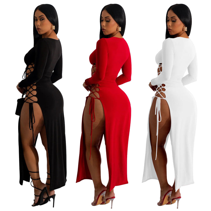 Dame Elegante Langærmet Maxi Kjole med forførende Cut-Outs og sidelæg Stilla