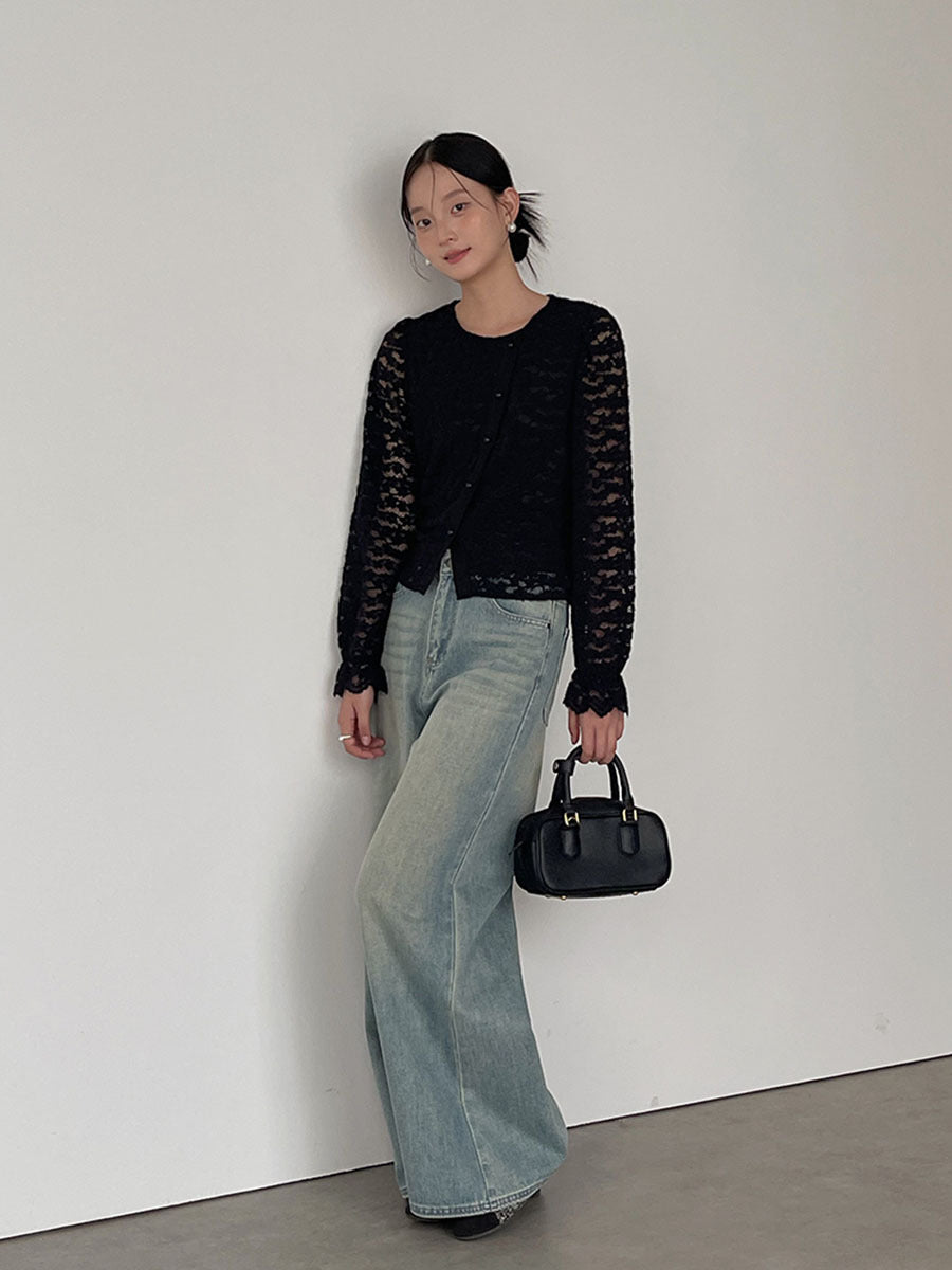 Dame elegant spidsbluse med knapdetaljer og lange ærmer Stilla
