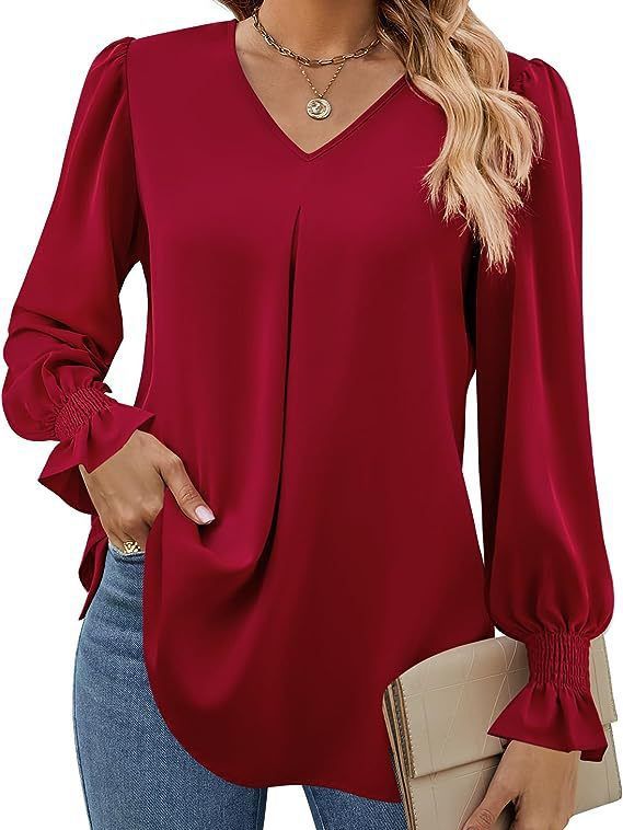Dame elegant bluse med V-udskæring og voluminøse ærmer Stilla